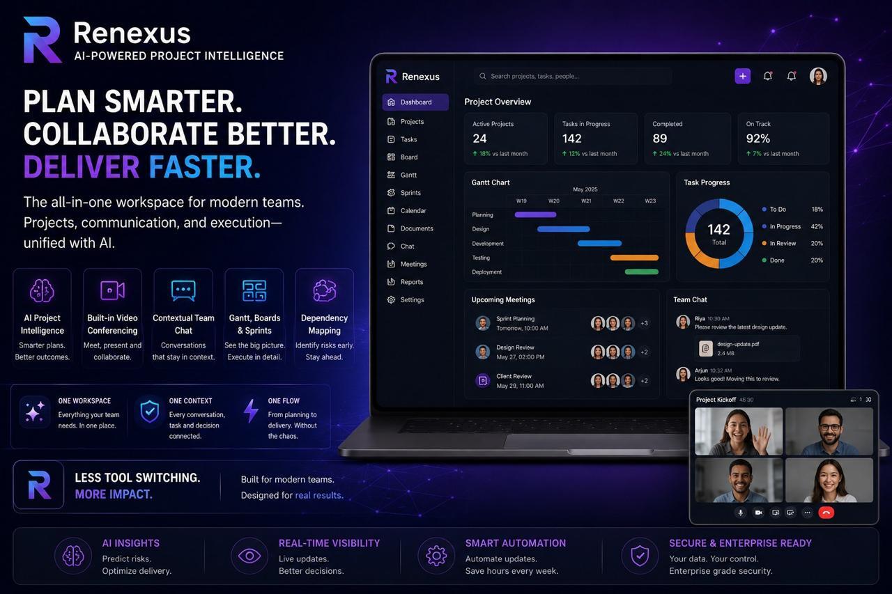 Renexus: AI-powered project intelligence platform, showing active projects, tasks in progress, a Gantt chart, task progress, upcoming meetings, and team chat